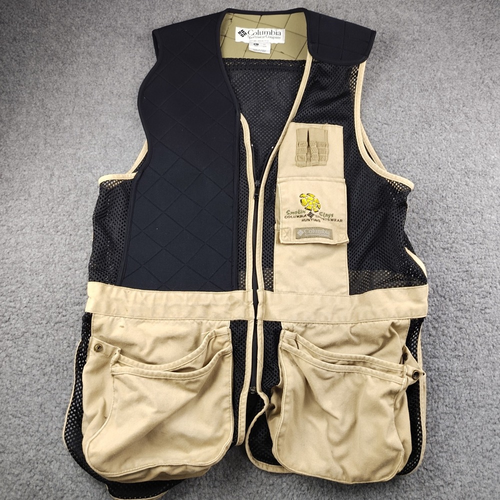 VTG Columbia Hunting Shooting Vest Mens Large Tan Black Bird Pouch